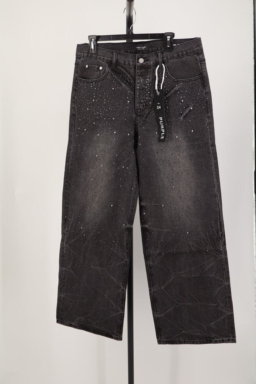 NEW Purple Brand Rhinestone Jeans Women's Black Wide Leg High Rise Size 34
